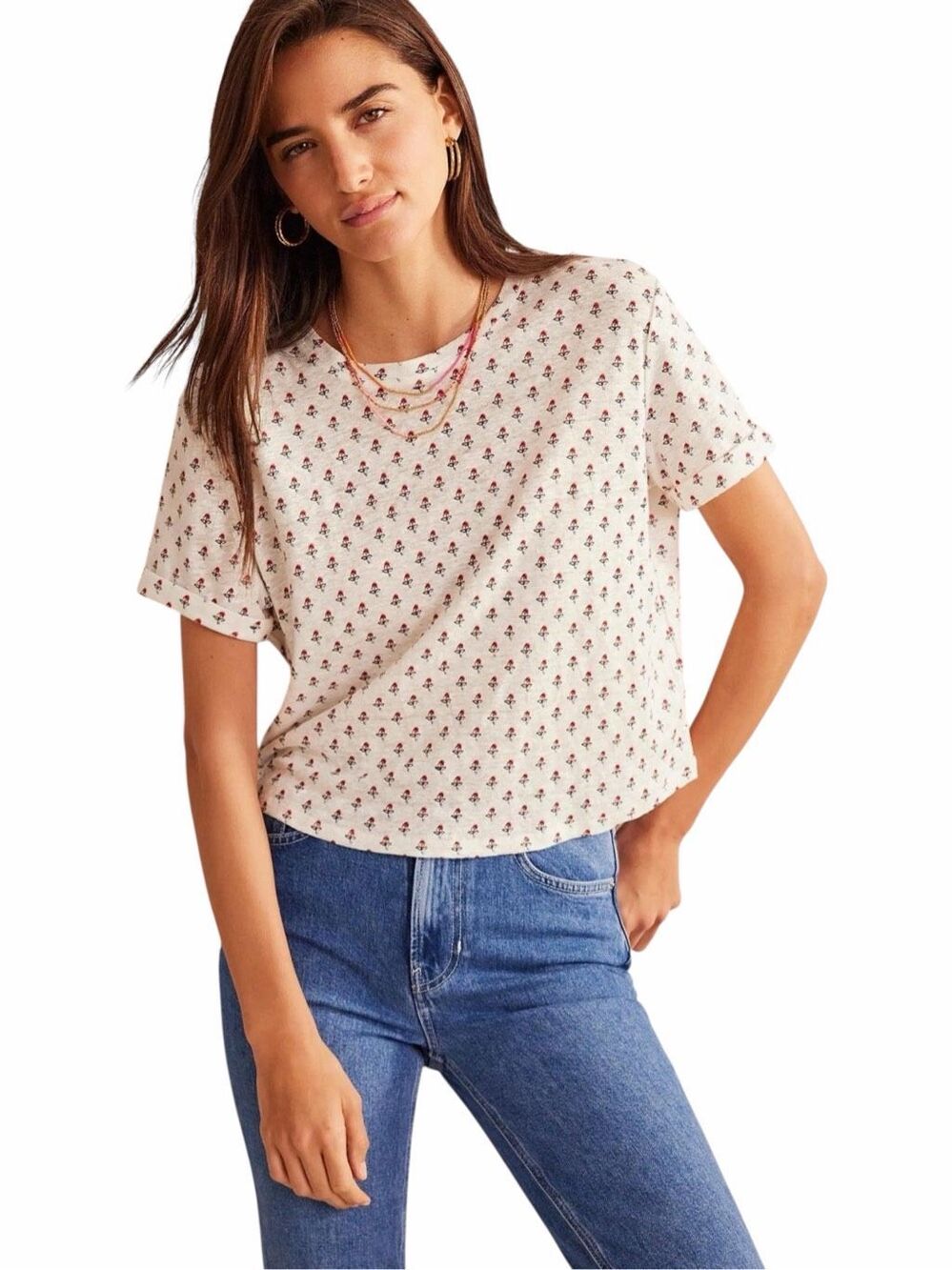 BODEN Floral Print Linen Tee Ivory US 8